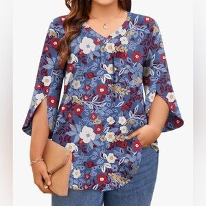 NWT Women’s 3/4 Length Sleeve Blouse Top Shirt Size Large Blue Red Flowers